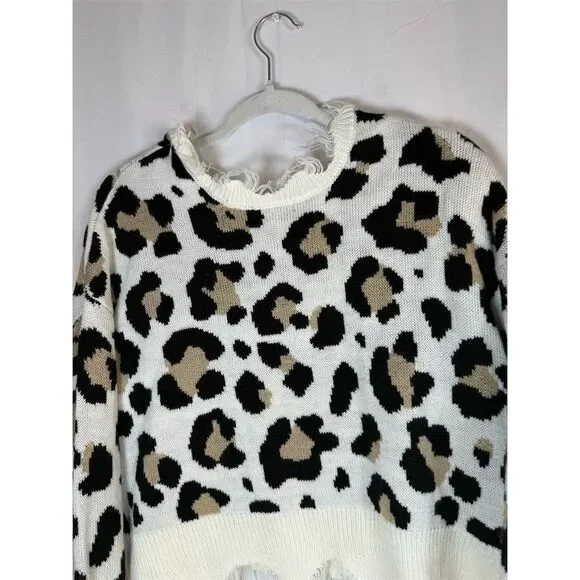 Just Polly Sweater Womens Small Ivory Leopard Print Distressed - Picture 8 of 11